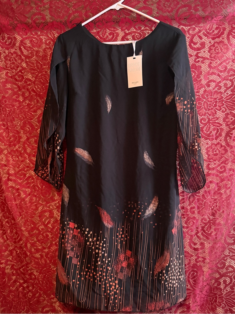 Grace Karin Feather Print Chiffon Split Sleeve Shift Dress Black Medium NWT